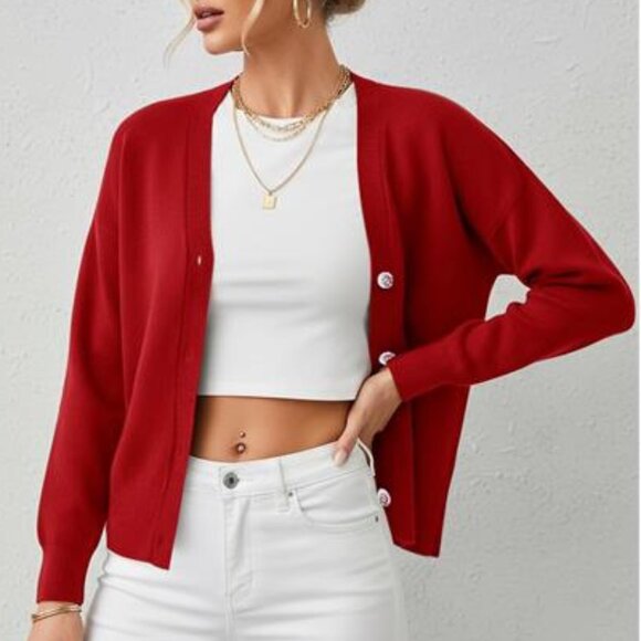 Women's red V Neck Long Sleeve Open Front Chunky Cardigan Fall Knitted - Picture 3 of 6